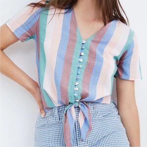 Madewell Cotton Button Down Striped Tie Front Top size XXS is oversized